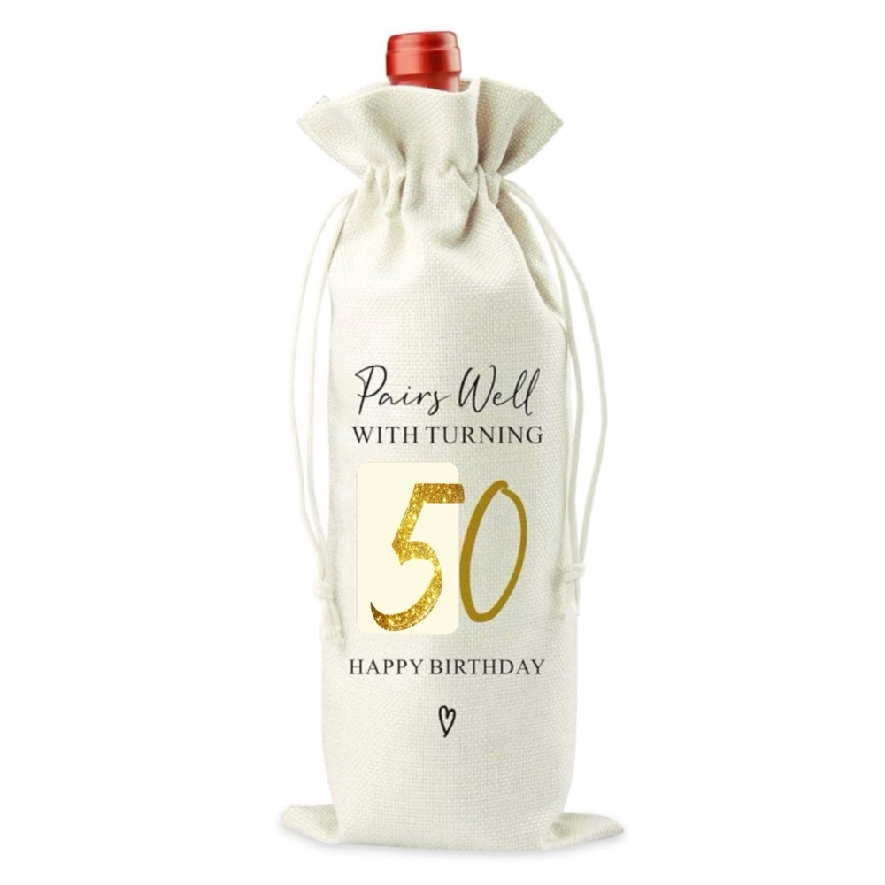 50th Birthday Wine Bag Cream With Gold And Black Text Easy Gift Idea NEW - Picture 6 of 6